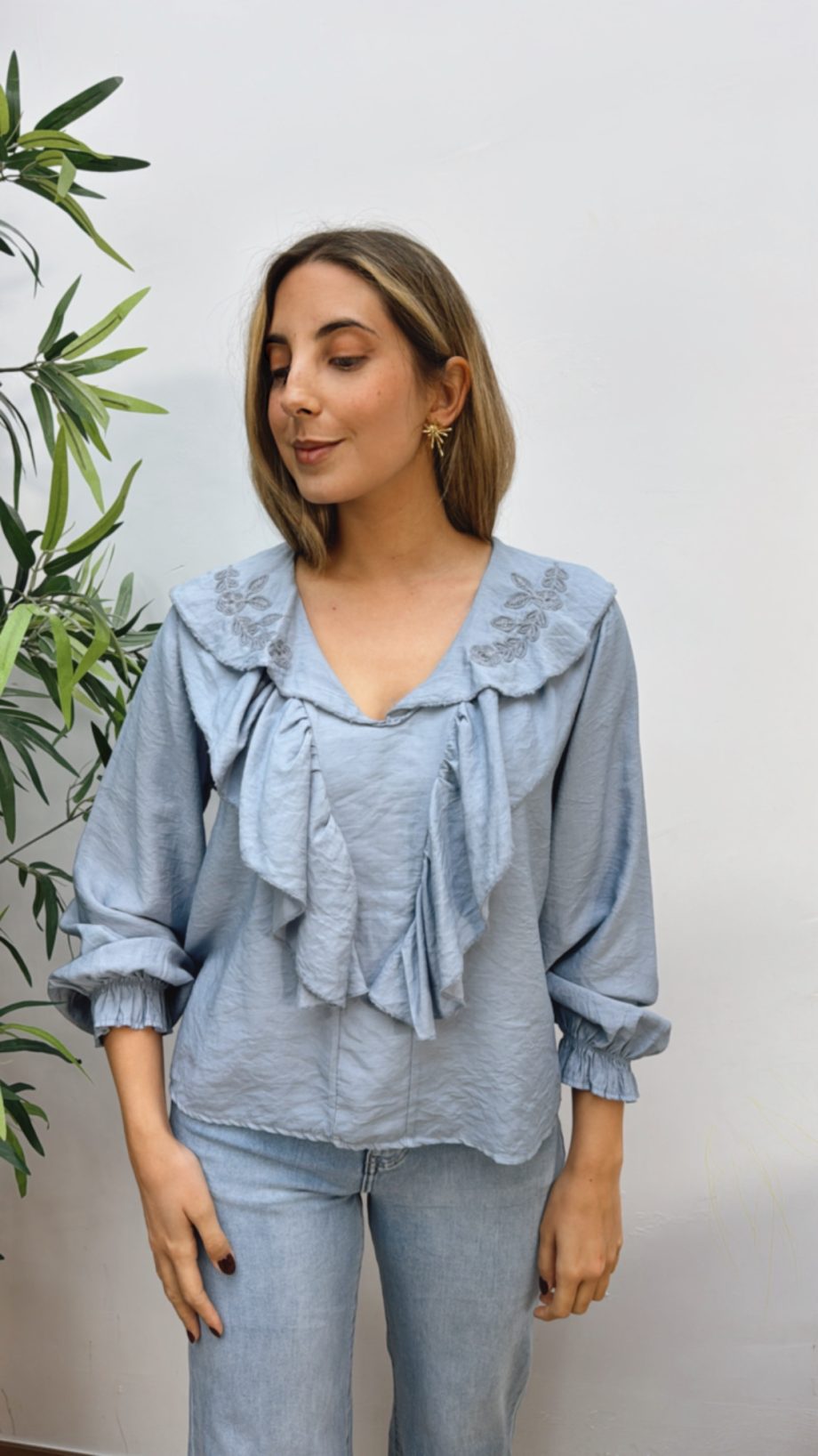 Blusa Bordada Volante Azul