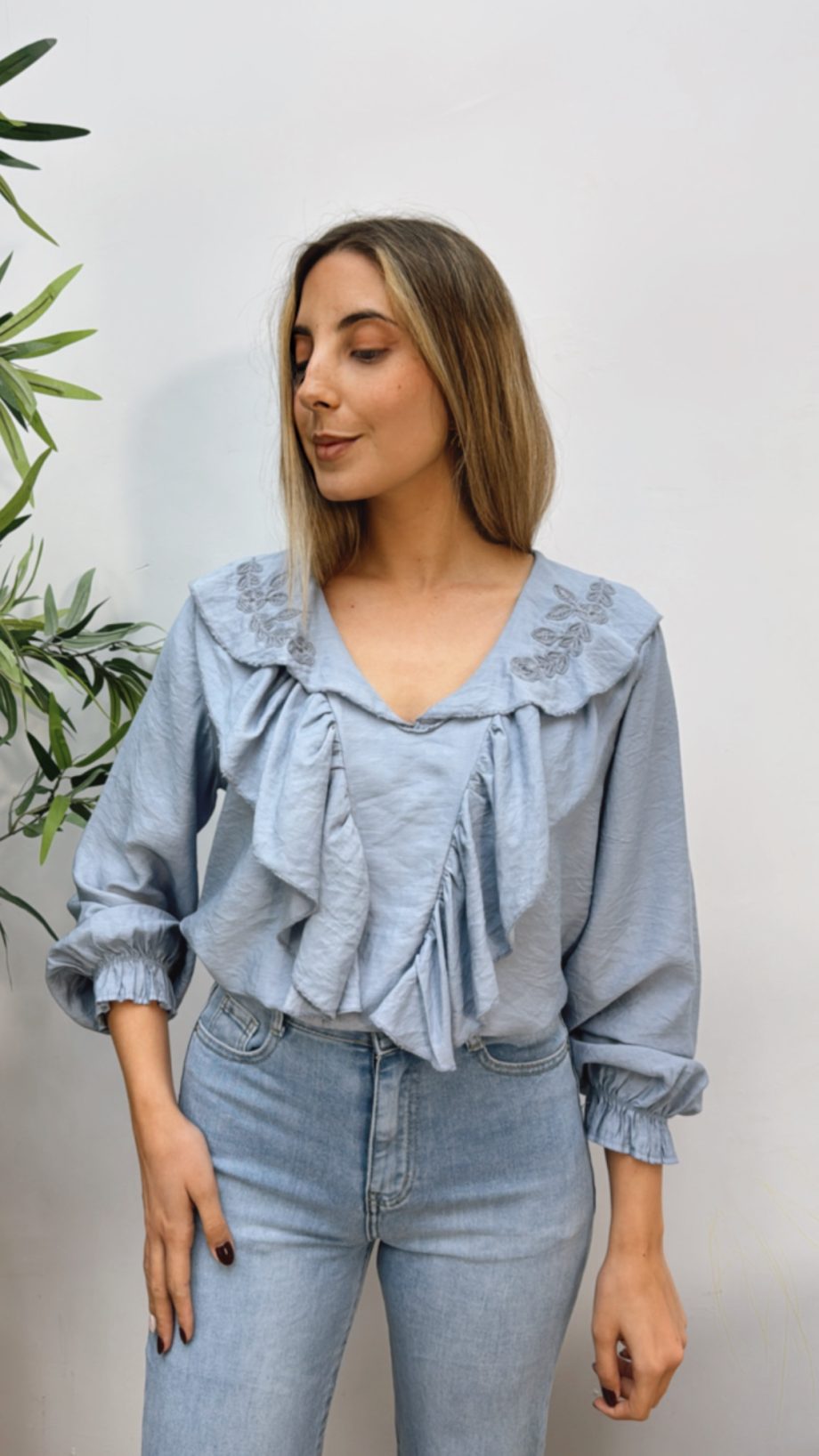 Blusa Bordada Volante Azul