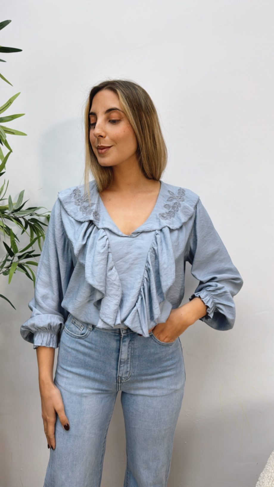 Blusa Bordada Volante Azul